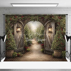 Lofaris Rustic Winter Garden Gate Backdrop Snowy Pine Tree Path Photography Background