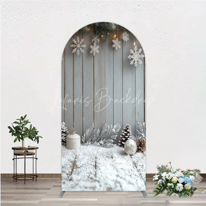 Lofaris Rustic Winter Holiday Arch Backdrop Snowy Wood Background with Flocked Pinecones Farmhouse Christmas Decor