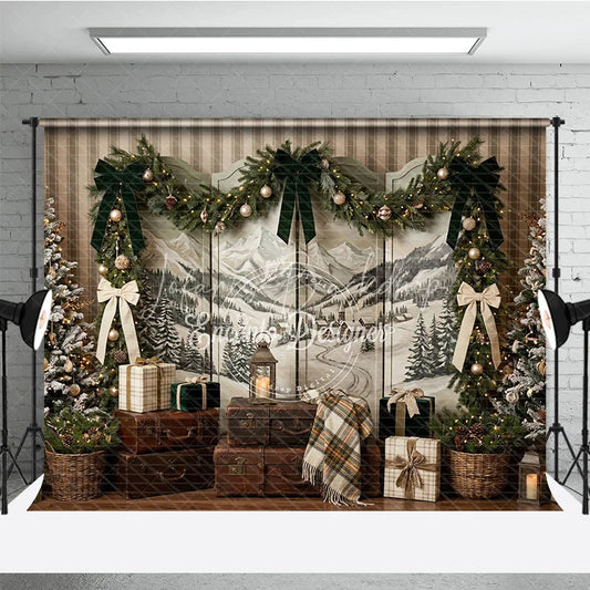 Lofaris Rustic Winter Holiday Backdrop with Snowy Mountain Landscape Flocked Christmas Trees and Elegant Garland Decor