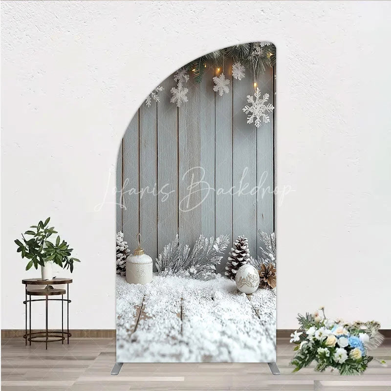 Lofaris Rustic Winter Holiday Half Moon Arch Backdrop Snowy Wood Background with Flocked Pinecones Farmhouse Christmas Decor
