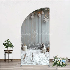 Lofaris Rustic Winter Holiday Half Moon Arch Backdrop Snowy Wood Background with Flocked Pinecones Farmhouse Christmas Decor