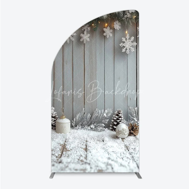 Lofaris Rustic Winter Holiday Half Moon Arch Backdrop Snowy Wood Background with Flocked Pinecones Farmhouse Christmas Decor