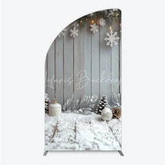 Lofaris Rustic Winter Holiday Half Moon Arch Backdrop Snowy Wood Background with Flocked Pinecones Farmhouse Christmas Decor