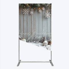 Lofaris Rustic Winter Holiday Rectangle Backdrop Snowy Wood Background with Flocked Pinecones Farmhouse Christmas Decor