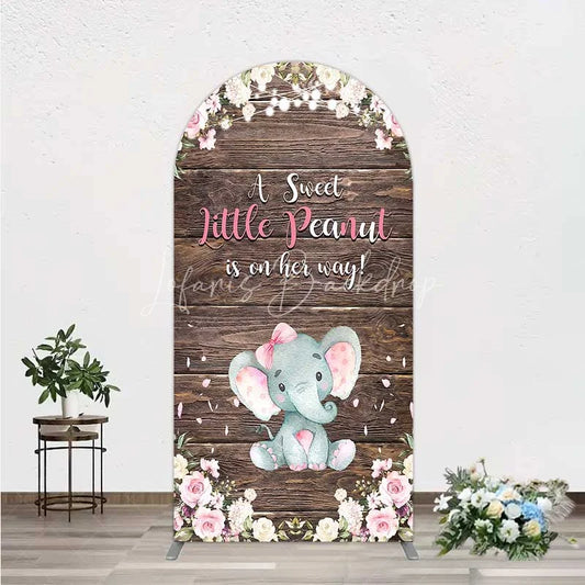 Lofaris Rustic Wood and Floral Little Peanut Arch Backdrop Pink Rose Elephant Baby Shower Decoration
