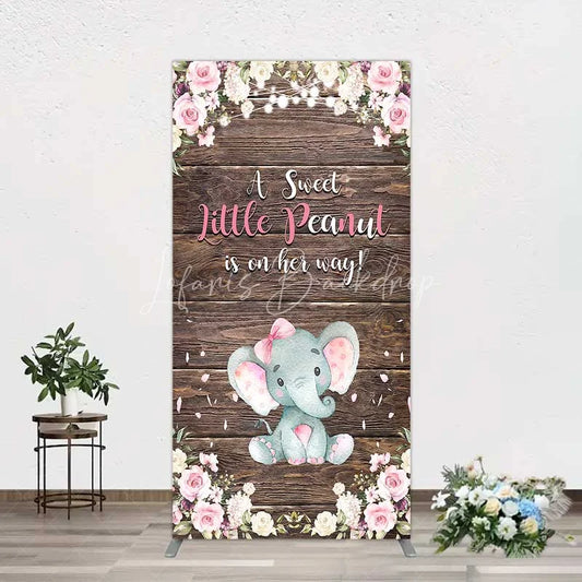 Lofaris Rustic Wood and Floral Little Peanut Rectangle Backdrop Pink Rose Elephant Baby Shower Decoration