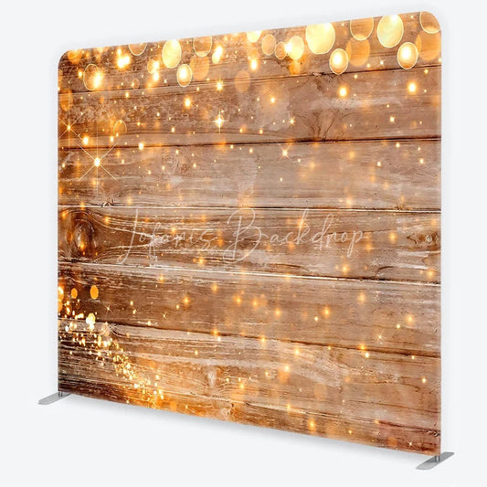 Lofaris Rustic Wood and String Lights Tension Fabric Backdrop Brown Wooden Planks with Warm Sparkles Background Event Decor