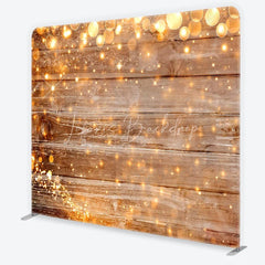 Lofaris Rustic Wood and String Lights Tension Fabric Backdrop Brown Wooden Planks with Warm Sparkles Background Event Decor