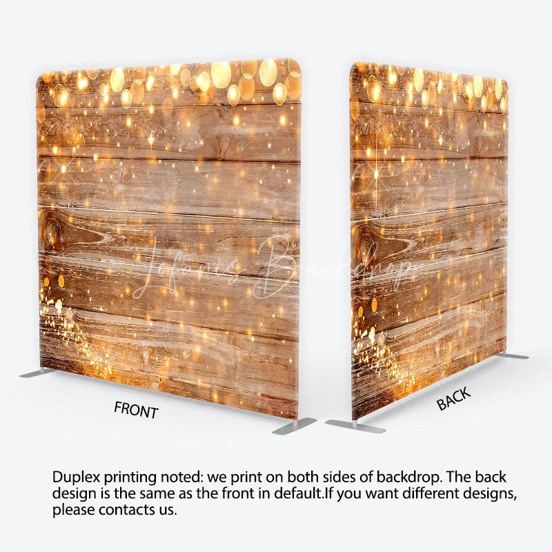 Lofaris Rustic Wood and String Lights Tension Fabric Backdrop Brown Wooden Planks with Warm Sparkles Background Event Decor