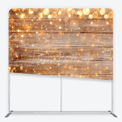 Lofaris Rustic Wood and String Lights Tension Fabric Backdrop Brown Wooden Planks with Warm Sparkles Background Event Decor