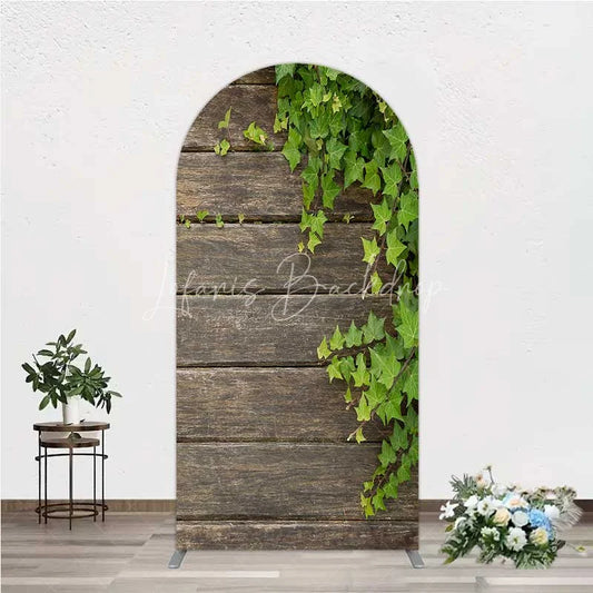 Lofaris Rustic Wood Arch Backdrop Dark Brown Wooden Planks with Green Ivy Leaves Background Wedding and Garden Party Decor