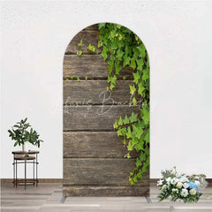 Lofaris Rustic Wood Arch Backdrop Dark Brown Wooden Planks with Green Ivy Leaves Background Wedding and Garden Party Decor