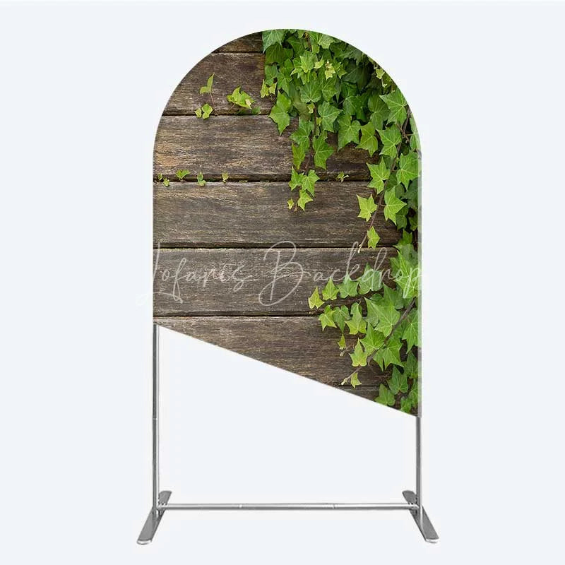 Lofaris Rustic Wood Arch Backdrop Dark Brown Wooden Planks with Green Ivy Leaves Background Wedding and Garden Party Decor