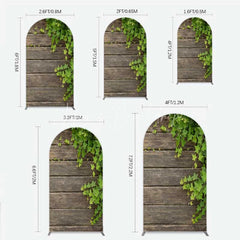 Lofaris Rustic Wood Arch Backdrop Dark Brown Wooden Planks with Green Ivy Leaves Background Wedding and Garden Party Decor