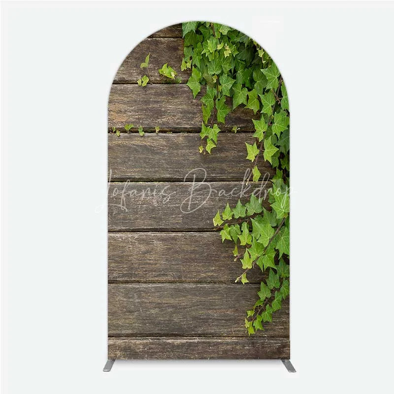 Lofaris Rustic Wood Arch Backdrop Dark Brown Wooden Planks with Green Ivy Leaves Background Wedding and Garden Party Decor