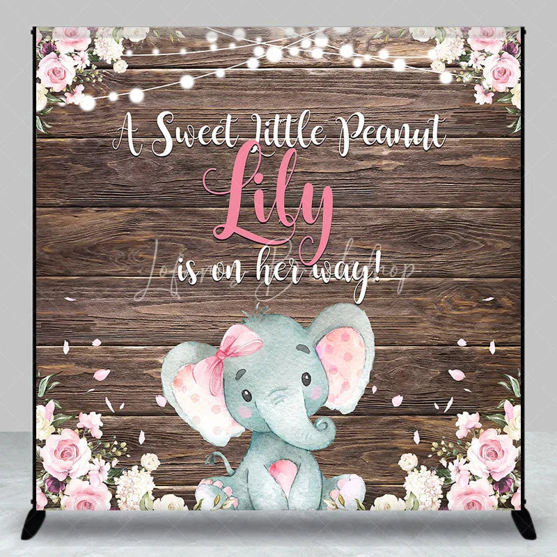 Lofaris Rustic Wood Baby Elephant Custom Backdrop with Pink Flowers A Sweet Little Peanut is on Her Way Shower Decor