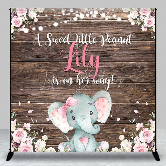 Lofaris Rustic Wood Baby Elephant Custom Backdrop with Pink Flowers A Sweet Little Peanut is on Her Way Shower Decor