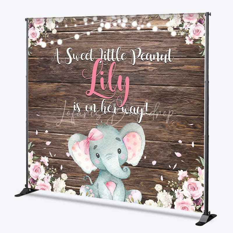 Lofaris Rustic Wood Baby Elephant Custom Backdrop with Pink Flowers A Sweet Little Peanut is on Her Way Shower Decor