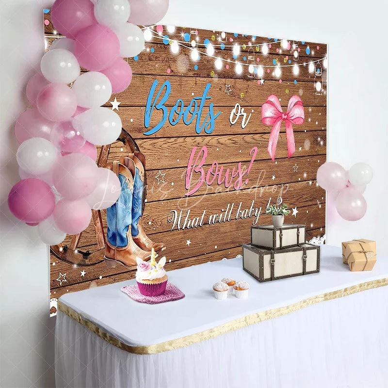 Lofaris Rustic Wood Boots or Bows Gender Reveal Backdrop Western Cowboy Cowgirl Baby Shower Background String Lights Decor
