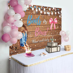 Lofaris Rustic Wood Boots or Bows Gender Reveal Backdrop Western Cowboy Cowgirl Baby Shower Background String Lights Decor