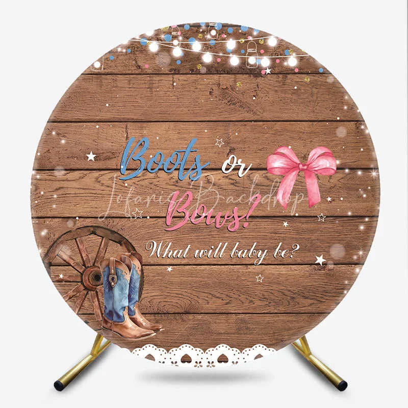 Lofaris Rustic Wood Boots or Bows Gender Reveal Round Backdrop Country Baby Shower Party Decor