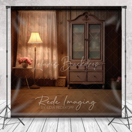 Lofaris Rustic Wood Cabin Interior Photography Backdrop Vintage Cabinet and Lamp Studio Background