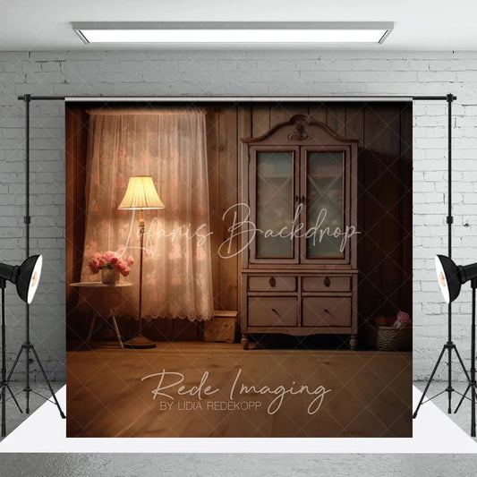 Lofaris Rustic Wood Cabin Interior Photography Backdrop Vintage Cabinet and Lamp Studio Background