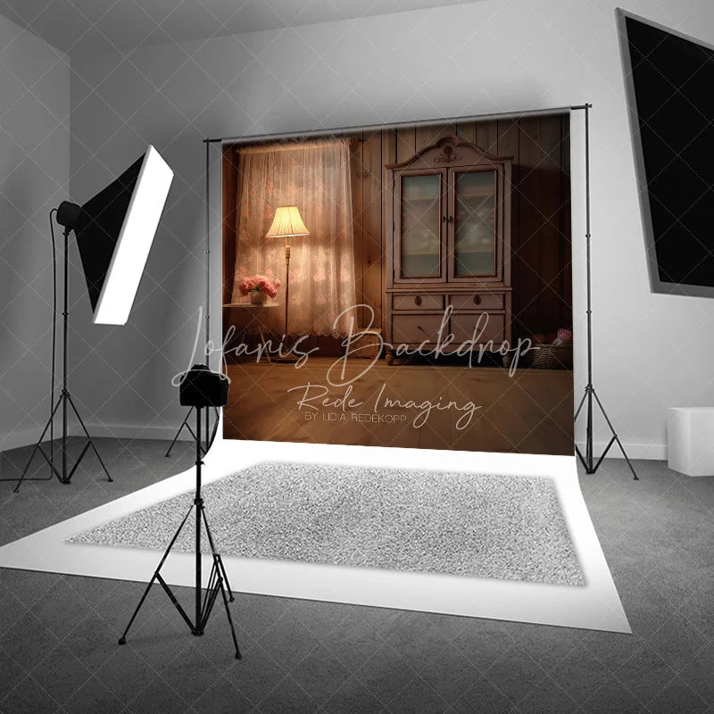 Lofaris Rustic Wood Cabin Interior Photography Backdrop Vintage Cabinet and Lamp Studio Background