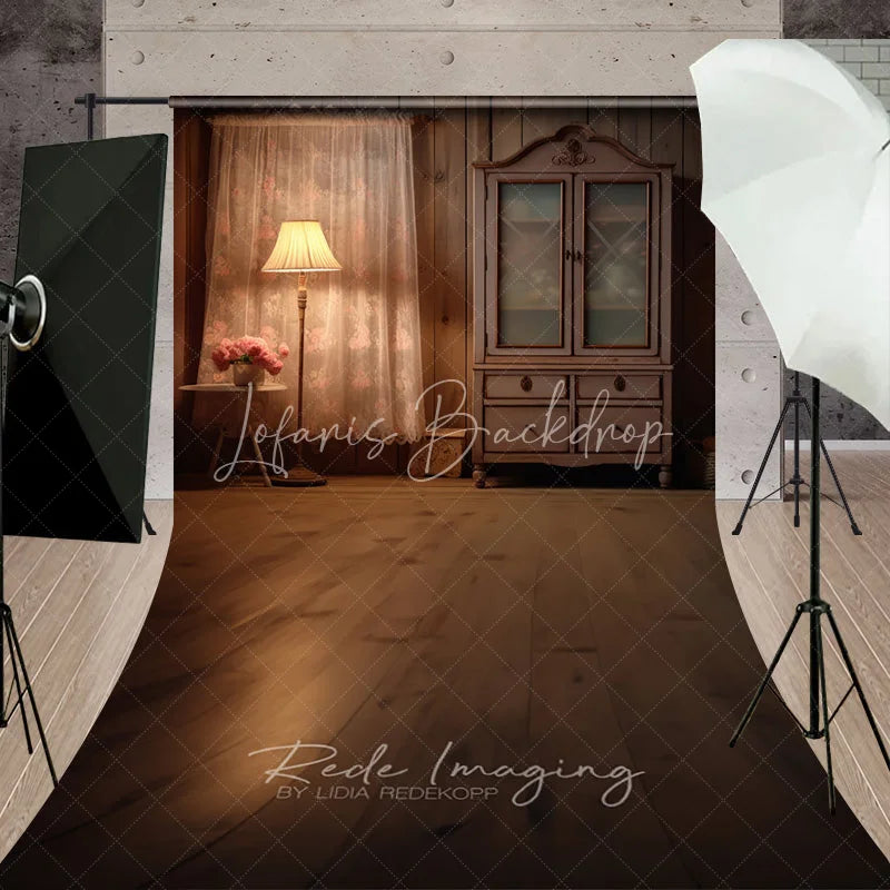 Lofaris Rustic Wood Cabin Interior Photography Backdrop Vintage Cabinet and Lamp Sweep Portrait Studio Background