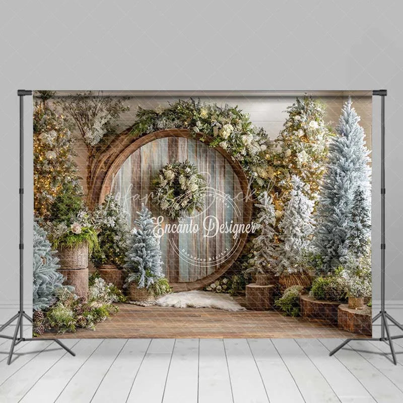 Lofaris Rustic Wood Circle Christmas Backdrop Winter Forest Snowy Tree Photography Background