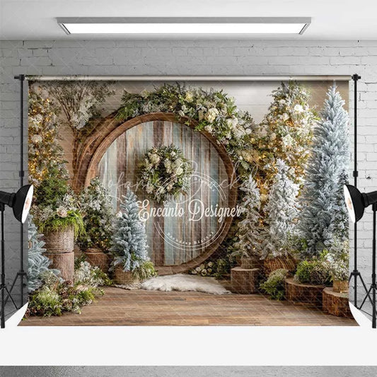 Lofaris Rustic Wood Circle Christmas Backdrop Winter Forest Snowy Tree Photography Background