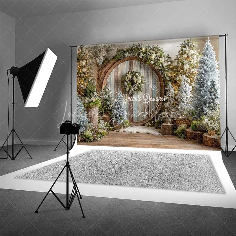 Lofaris Rustic Wood Circle Christmas Backdrop Winter Forest Snowy Tree Photography Background