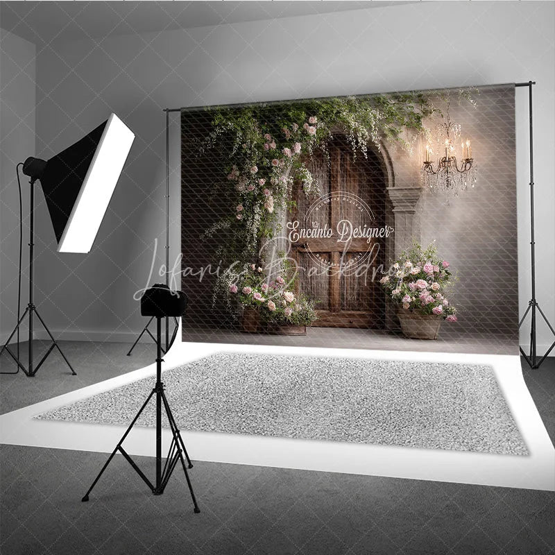 Lofaris Rustic Wood Door Photography Backdrop Climbing Pink Roses and Chandelier Farmhouse Wedding Photo Background