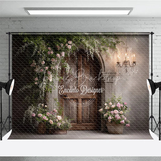 Lofaris Rustic Wood Door Photography Backdrop Climbing Pink Roses and Chandelier Farmhouse Wedding Photo Background