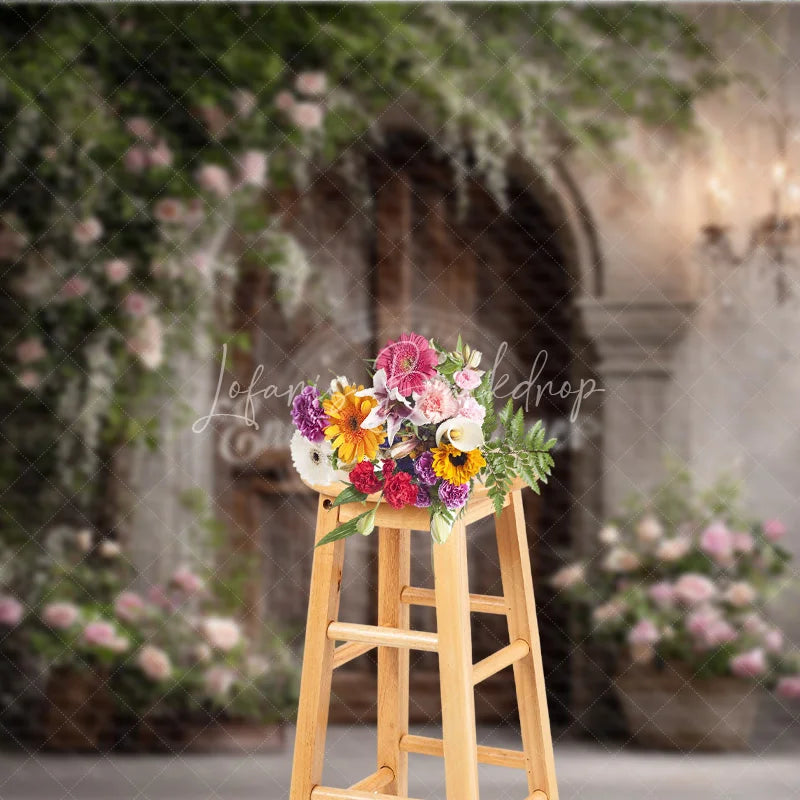 Lofaris Rustic Wood Door Photography Backdrop Climbing Pink Roses and Chandelier Farmhouse Wedding Photo Background