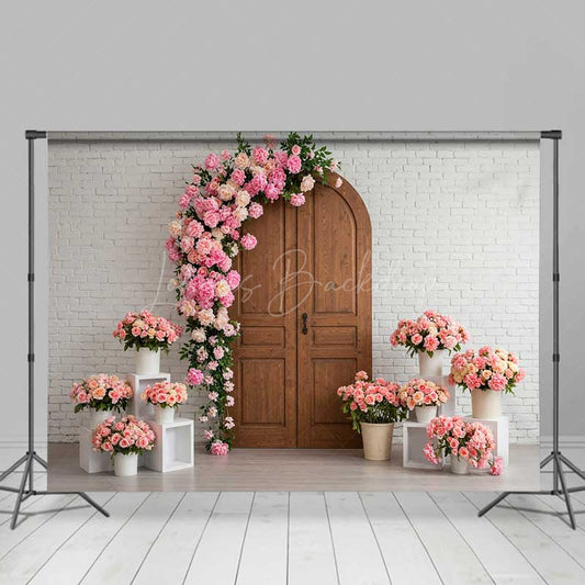 Lofaris Rustic Wood Door Photography Backdrop White Brick Wall with Pink Rose Arch Romantic Wedding or Bridal Shower Decor