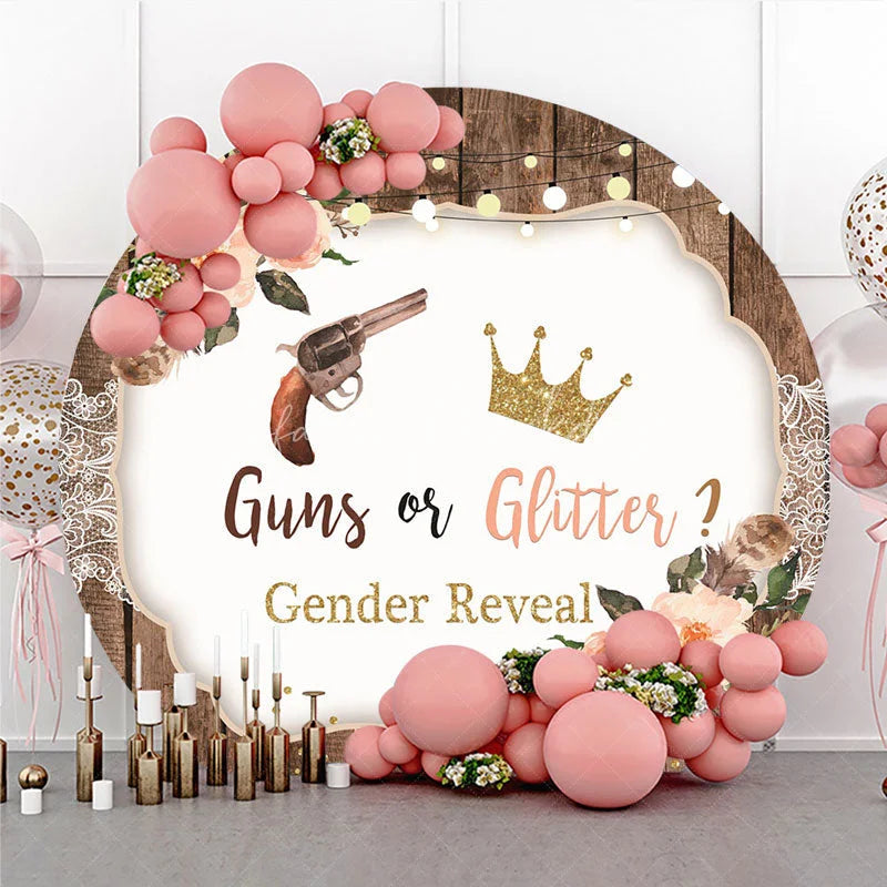Lofaris Rustic Wood Gender Reveal Round Backdrop Cowboy or Princess Theme Floral Gold Glitter