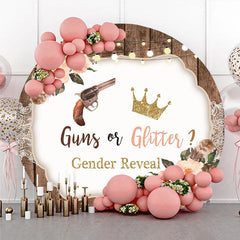 Lofaris Rustic Wood Gender Reveal Round Backdrop Cowboy or Princess Theme Floral Gold Glitter