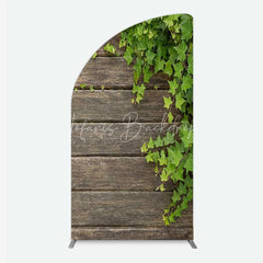 Lofaris Rustic Wood Half Moon Arch Backdrop Dark Brown Wooden Planks with Green Ivy Leaves Background Wedding and Garden Party Decor