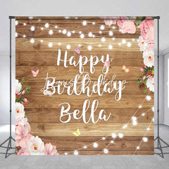 Lofaris Rustic Wood Happy Birthday Custom Backdrop with Pink Floral and String Lights Personalized Party Decor