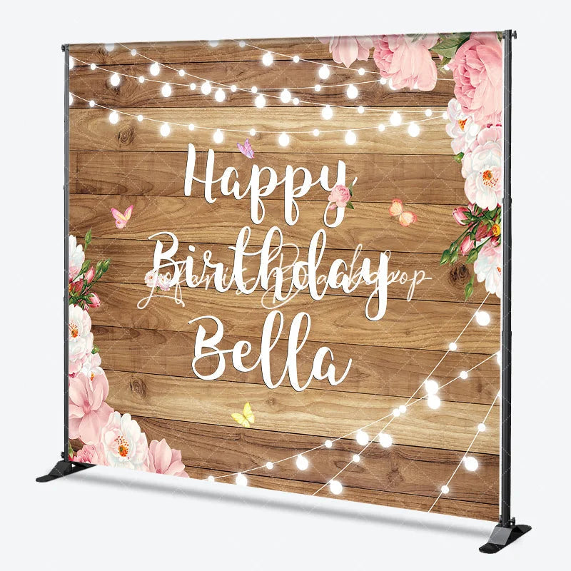 Lofaris Rustic Wood Happy Birthday Custom Backdrop with Pink Floral and String Lights Personalized Party Decor