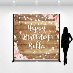 Lofaris Rustic Wood Happy Birthday Custom Backdrop with Pink Floral and String Lights Personalized Party Decor