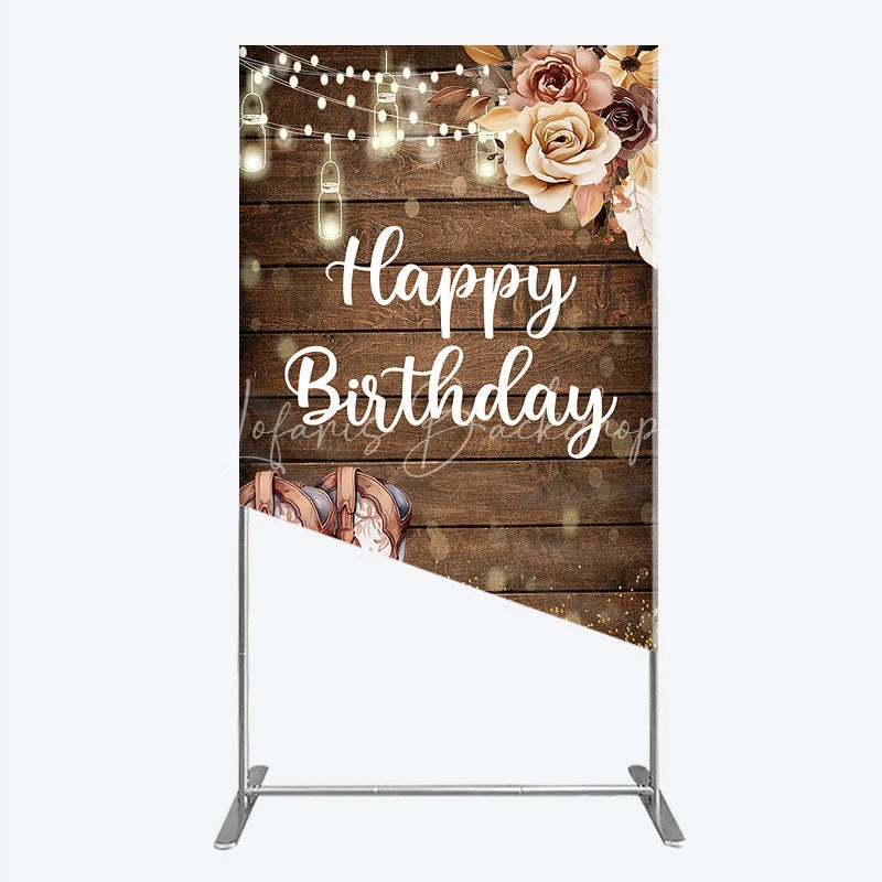 Lofaris Rustic Wood Happy Birthday Rectangle Arch Backdrop with Cowboy Boots String Lights and Golden Glitter