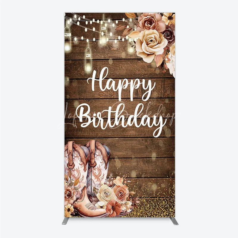 Lofaris Rustic Wood Happy Birthday Rectangle Arch Backdrop with Cowboy Boots String Lights and Golden Glitter