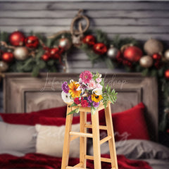 Lofaris Rustic Wood Headboard Photography Backdrop Christmas Garland with Red Ornaments Farmhouse Bedroom Photo Prop