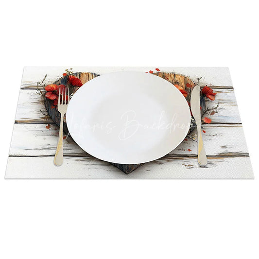 Lofaris Rustic Wood Heart Floral Set of 4 Placemats Red White Flower Valentine Decoration Farmhouse Love Table Mat