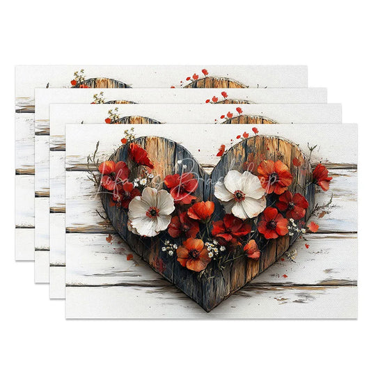 Lofaris Rustic Wood Heart Floral Set of 4 Placemats Red White Flower Valentine Decoration Farmhouse Love Table Mat