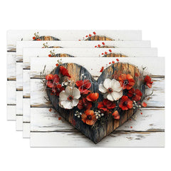 Lofaris Rustic Wood Heart Floral Set of 4 Placemats Red White Flower Valentine Decoration Farmhouse Love Table Mat