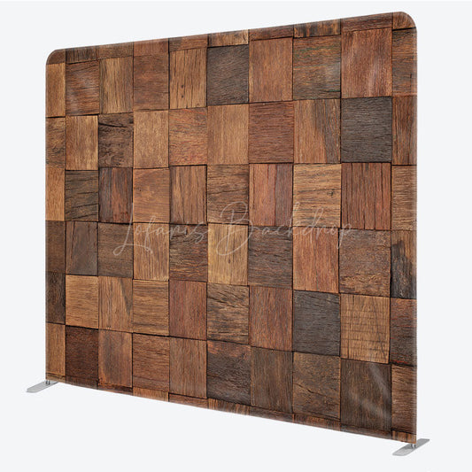 Lofaris Rustic Wood Mosaic Double-Sided Tension Fabric Backdrop 3D Blocks for Farmhouse Party Photo Booth Background