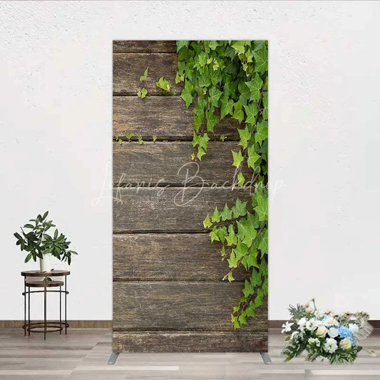 Lofaris Rustic Wood Rectangle Backdrop Dark Brown Wooden Planks with Green Ivy Leaves Background Wedding and Garden Party Decor